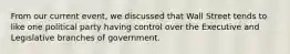 From our current event, we discussed that Wall Street tends to like one political party having control over the Executive and Legislative branches of government.