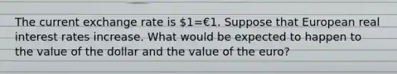 The current exchange rate is​ 1=€1. Suppose that European real interest rates increase. What would be expected to happen to the value of the dollar and the value of the euro?