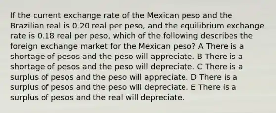 If the current exchange rate of the Mexican peso and the Brazilian real is 0.20 real per peso, and the equilibrium exchange rate is 0.18 real per peso, which of the following describes the foreign exchange market for the Mexican peso? A There is a shortage of pesos and the peso will appreciate. B There is a shortage of pesos and the peso will depreciate. C There is a surplus of pesos and the peso will appreciate. D There is a surplus of pesos and the peso will depreciate. E There is a surplus of pesos and the real will depreciate.