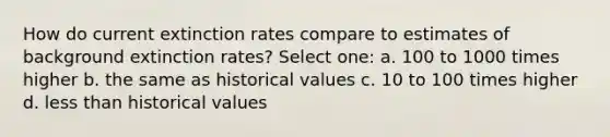 How do current extinction rates compare to estimates of background extinction rates? Select one: a. 100 to 1000 times higher b. the same as historical values c. 10 to 100 times higher d. <a href='https://www.questionai.com/knowledge/k7BtlYpAMX-less-than' class='anchor-knowledge'>less than</a> historical values