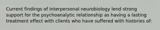 Current findings of interpersonal neurobiology lend strong support for the psychoanalytic relationship as having a lasting treatment effect with clients who have suffered with histories of: