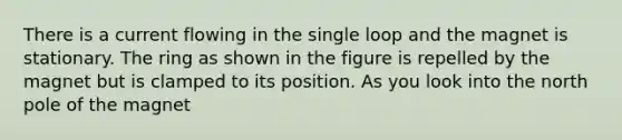 There is a current flowing in the single loop and the magnet is stationary. The ring as shown in the figure is repelled by the magnet but is clamped to its position. As you look into the north pole of the magnet