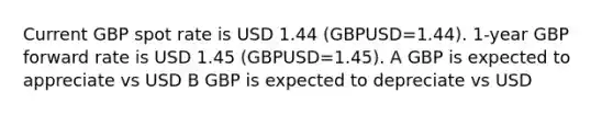 Current GBP spot rate is USD 1.44 (GBPUSD=1.44). 1-year GBP forward rate is USD 1.45 (GBPUSD=1.45). A GBP is expected to appreciate vs USD B GBP is expected to depreciate vs USD