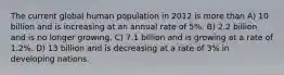 The current global human population in 2012 is more than A) 10 billion and is increasing at an annual rate of 5%. B) 2.2 billion and is no longer growing. C) 7.1 billion and is growing at a rate of 1.2%. D) 13 billion and is decreasing at a rate of 3% in developing nations.