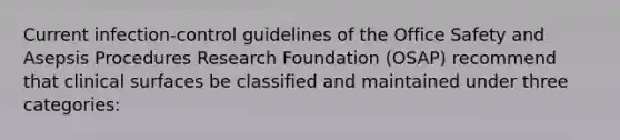 Current infection-control guidelines of the Office Safety and Asepsis Procedures Research Foundation (OSAP) recommend that clinical surfaces be classified and maintained under three categories: