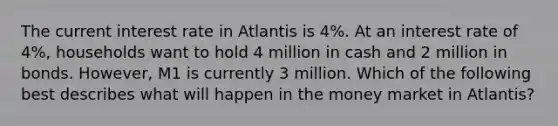 The current interest rate in Atlantis is 4%. At an interest rate of 4%, households want to hold 4 million in cash and 2 million in bonds. However, M1 is currently 3 million. Which of the following best describes what will happen in the money market in Atlantis?