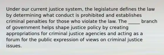 Under our current justice system, the legislature defines the law by determining what conduct is prohibited and establishes criminal penalties for those who violate the law. The _____ branch of government helps shape justice policy by creating appropriations for criminal justice agencies and acting as a forum for the public expression of views on criminal justice issues.