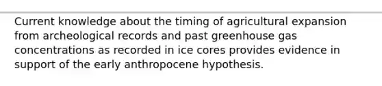 Current knowledge about the timing of agricultural expansion from archeological records and past greenhouse gas concentrations as recorded in ice cores provides evidence in support of the early anthropocene hypothesis.