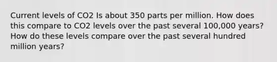 Current levels of CO2 Is about 350 parts per million. How does this compare to CO2 levels over the past several 100,000 years? How do these levels compare over the past several hundred million years?