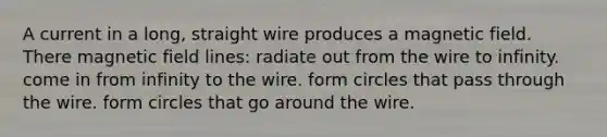 A current in a long, straight wire produces a magnetic field. There magnetic field lines: radiate out from the wire to infinity. come in from infinity to the wire. form circles that pass through the wire. form circles that go around the wire.