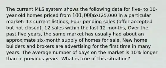 The current MLS system shows the following data for five- to 10-year-old homes priced from 100,000 to125,000 in a particular market: 13 current listings, Four pending sales (offer accepted but not closed), 12 sales within the last 12 months, Over the past five years, the same market has usually had about an approximate six-month supply of homes for sale. New home builders and brokers are advertising for the first time in many years. The average number of days on the market is 10% longer than in previous years. What is true of this situation?