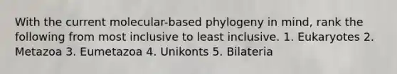 With the current molecular-based phylogeny in mind, rank the following from most inclusive to least inclusive. 1. Eukaryotes 2. Metazoa 3. Eumetazoa 4. Unikonts 5. Bilateria