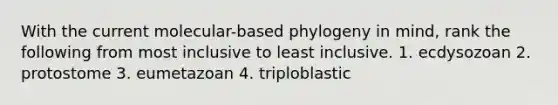 With the current molecular-based phylogeny in mind, rank the following from most inclusive to least inclusive. 1. ecdysozoan 2. protostome 3. eumetazoan 4. triploblastic