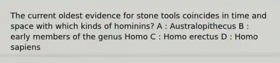 The current oldest evidence for stone tools coincides in time and space with which kinds of hominins? A : Australopithecus B : early members of the genus Homo C : Homo erectus D : Homo sapiens