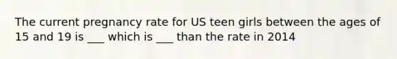 The current pregnancy rate for US teen girls between the ages of 15 and 19 is ___ which is ___ than the rate in 2014