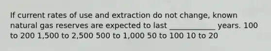 If current rates of use and extraction do not change, known natural gas reserves are expected to last ____________ years. 100 to 200 1,500 to 2,500 500 to 1,000 50 to 100 10 to 20