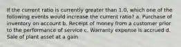 If the current ratio is currently greater than 1.0, which one of the following events would increase the current ratio? a. Purchase of inventory on account b. Receipt of money from a customer prior to the performance of service c. Warranty expense is accrued d. Sale of plant asset at a gain