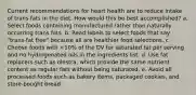 Current recommendations for heart health are to reduce intake of trans fats in the diet. How would this be best accomplished?​ a. ​Select foods containing manufactured rather than naturally occurring trans fats. b. ​Read labels to select foods that say "trans-fat free" because all are healthier food selections. c. ​Choose foods with <10% of the DV for saturated fat per serving and no hydrogenated oils in the ingredients list. d. ​Use fat replacers such as olestra, which provide the same nutrient content as regular fats without being saturated. e. ​Avoid all processed foods such as bakery items, packaged cookies, and store-bought bread.