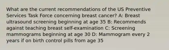 What are the current recommendations of the US Preventive Services Task Force concerning breast cancer? A: Breast ultrasound screening beginning at age 35 B: Recommends against teaching breast self-examination C: Screening mammograms beginning at age 30 D: Mammogram every 2 years if on birth control pills from age 35