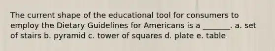 The current shape of the educational tool for consumers to employ the Dietary Guidelines for Americans is a _______. a. set of stairs b. pyramid c. tower of squares d. plate e. table