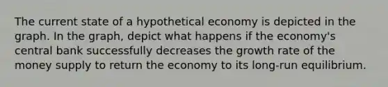 The current state of a hypothetical economy is depicted in the graph. In the graph, depict what happens if the economy's central bank successfully decreases the growth rate of the money supply to return the economy to its long-run equilibrium.