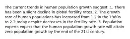 The current trends in human population growth suggest: 1. There has been a slight decline in global fertility rates. 2. The growth rate of human populations has increased from 1.2 in the 1960s to 2.2 today despite decreases in the fertility rate. 3. Population experts expect that the human population growth rate will attain zero population growth by the end of the 21st century.