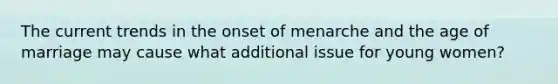 The current trends in the onset of menarche and the age of marriage may cause what additional issue for young women?