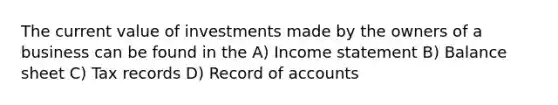 The current value of investments made by the owners of a business can be found in the A) Income statement B) Balance sheet C) Tax records D) Record of accounts