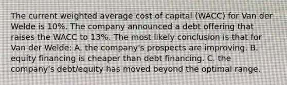 The current weighted average cost of capital (WACC) for Van der Welde is 10%. The company announced a debt offering that raises the WACC to 13%. The most likely conclusion is that for Van der Welde: A. the company's prospects are improving. B. equity financing is cheaper than debt financing. C. the company's debt/equity has moved beyond the optimal range.