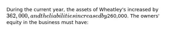 During the current year, the assets of Wheatley's increased by 362,000, and the liabilities increased by260,000. The owners' equity in the business must have: