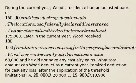 During the current year, Wood's residence had an adjusted basis of 150,000 and it was destroyed by a tornado. The location was a federally declared disaster area. An appraiser valued the decline in market value at175,000. Later in the current year, Wood received 130,000 from his insurance company for the property loss and did not elect to deduct the casualty loss in an earlier year. Wood's current year adjusted gross income was60,000 and he did not have any casualty gains. What total amount can Wood deduct as a current year itemized deduction for casualty loss, after the application of the threshold limitations? A. 25,000 B.20,000 C. 19,900 D.13,900