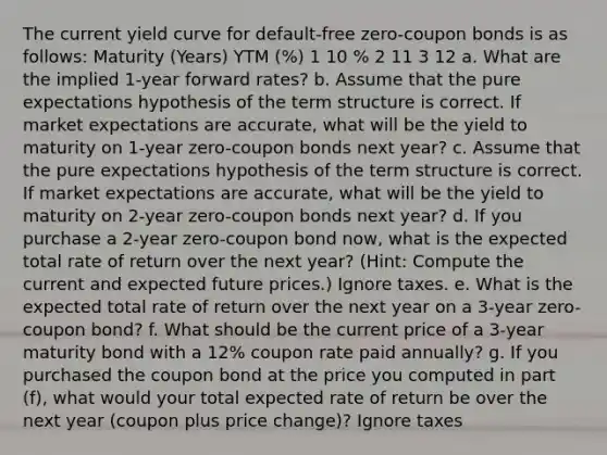 The current yield curve for default-free zero-coupon bonds is as follows: Maturity (Years) YTM (%) 1 10 % 2 11 3 12 a. What are the implied 1-year forward rates? b. Assume that the pure expectations hypothesis of the term structure is correct. If market expectations are accurate, what will be the yield to maturity on 1-year zero-coupon bonds next year? c. Assume that the pure expectations hypothesis of the term structure is correct. If market expectations are accurate, what will be the yield to maturity on 2-year zero-coupon bonds next year? d. If you purchase a 2-year zero-coupon bond now, what is the expected total rate of return over the next year? (Hint: Compute the current and expected future prices.) Ignore taxes. e. What is the expected total rate of return over the next year on a 3-year zero-coupon bond? f. What should be the current price of a 3-year maturity bond with a 12% coupon rate paid annually? g. If you purchased the coupon bond at the price you computed in part (f), what would your total expected rate of return be over the next year (coupon plus price change)? Ignore taxes