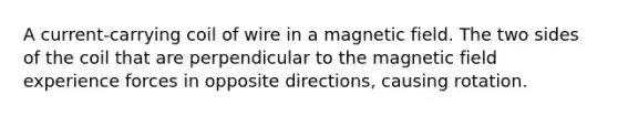 A current-carrying coil of wire in a magnetic field. The two sides of the coil that are perpendicular to the magnetic field experience forces in opposite directions, causing rotation.