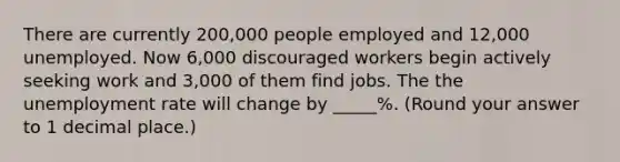 There are currently 200,000 people employed and 12,000 unemployed. Now 6,000 discouraged workers begin actively seeking work and 3,000 of them find jobs. The the unemployment rate will change by _____%. (Round your answer to 1 decimal place.)