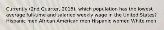 Currently (2nd Quarter, 2015), which population has the lowest average full-time and salaried weekly wage in the United States?​ ​Hispanic men ​African American men ​Hispanic women ​White men