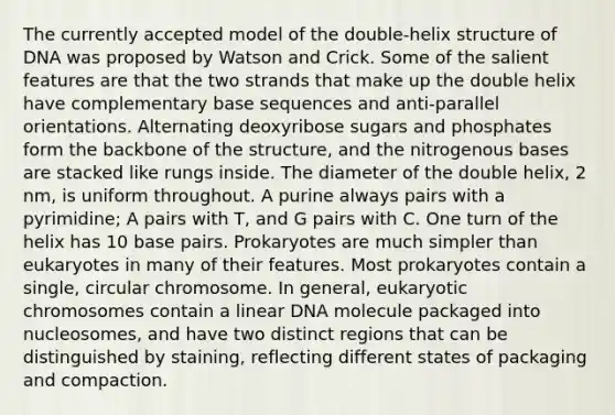 The currently accepted model of the double-helix structure of DNA was proposed by Watson and Crick. Some of the salient features are that the two strands that make up the double helix have complementary base sequences and anti-parallel orientations. Alternating deoxyribose sugars and phosphates form the backbone of the structure, and the nitrogenous bases are stacked like rungs inside. The diameter of the double helix, 2 nm, is uniform throughout. A purine always pairs with a pyrimidine; A pairs with T, and G pairs with C. One turn of the helix has 10 base pairs. Prokaryotes are much simpler than eukaryotes in many of their features. Most prokaryotes contain a single, circular chromosome. In general, eukaryotic chromosomes contain a linear DNA molecule packaged into nucleosomes, and have two distinct regions that can be distinguished by staining, reflecting different states of packaging and compaction.