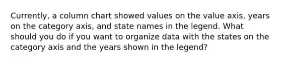 Currently, a column chart showed values on the value axis, years on the category axis, and state names in the legend. What should you do if you want to organize data with the states on the category axis and the years shown in the legend?