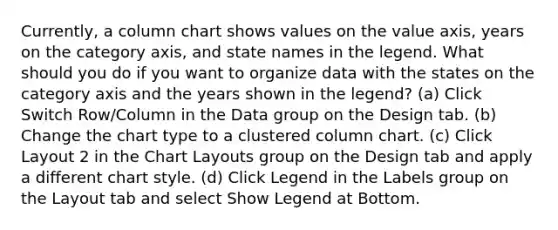 Currently, a column chart shows values on the value axis, years on the category axis, and state names in the legend. What should you do if you want to organize data with the states on the category axis and the years shown in the legend? (a) Click Switch Row/Column in the Data group on the Design tab. (b) Change the chart type to a clustered column chart. (c) Click Layout 2 in the Chart Layouts group on the Design tab and apply a different chart style. (d) Click Legend in the Labels group on the Layout tab and select Show Legend at Bottom.