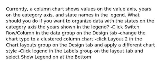 Currently, a column chart shows values on the value axis, years on the category axis, and state names in the legend. What should you do if you want to organize data with the states on the category axis the years shown in the legend? -Click Switch Row/Column in the data group on the Design tab -change the chart type to a clustered column chart -click Layout 2 in the Chart layouts group on the Design tab and apply a different chart style -Click legend in the Labels group on the layout tab and select Show Legend on at the Bottom