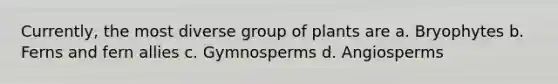 Currently, the most diverse group of plants are a. Bryophytes b. Ferns and fern allies c. Gymnosperms d. Angiosperms