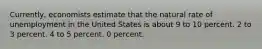 Currently, economists estimate that the natural rate of unemployment in the United States is about 9 to 10 percent. 2 to 3 percent. 4 to 5 percent. 0 percent.