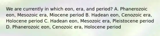 We are currently in which eon, era, and period? A. Phanerozoic eon, Mesozoic era, Miocene period B. Hadean eon, Cenozoic era, Holocene period C. Hadean eon, Mesozoic era, Pleistocene period D. Phanerozoic eon, Cenozoic era, Holocene period