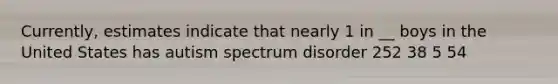 Currently, estimates indicate that nearly 1 in __ boys in the United States has autism spectrum disorder 252 38 5 54