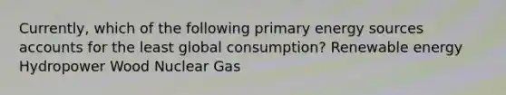 Currently, which of the following primary energy sources accounts for the least global consumption? Renewable energy Hydropower Wood Nuclear Gas