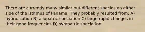 There are currently many similar but different species on either side of the isthmus of Panama. They probably resulted from: A) hybridization B) allopatric speciation C) large rapid changes in their gene frequencies D) sympatric speciation