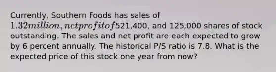 Currently, Southern Foods has sales of 1.32 million, net profit of521,400, and 125,000 shares of stock outstanding. The sales and net profit are each expected to grow by 6 percent annually. The historical P/S ratio is 7.8. What is the expected price of this stock one year from now?