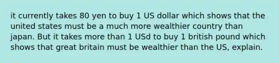 it currently takes 80 yen to buy 1 US dollar which shows that the united states must be a much more wealthier country than japan. But it takes more than 1 USd to buy 1 british pound which shows that great britain must be wealthier than the US, explain.