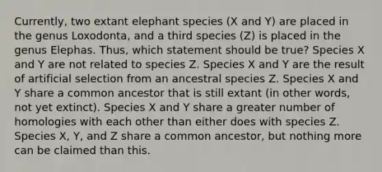 Currently, two extant elephant species (X and Y) are placed in the genus Loxodonta, and a third species (Z) is placed in the genus Elephas. Thus, which statement should be true? Species X and Y are not related to species Z. Species X and Y are the result of artificial selection from an ancestral species Z. Species X and Y share a common ancestor that is still extant (in other words, not yet extinct). Species X and Y share a greater number of homologies with each other than either does with species Z. Species X, Y, and Z share a common ancestor, but nothing more can be claimed than this.