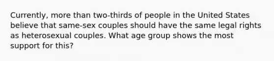 Currently, more than two-thirds of people in the United States believe that same-sex couples should have the same legal rights as heterosexual couples. What age group shows the most support for this?