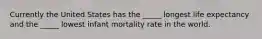 Currently the United States has the _____ longest life expectancy and the _____ lowest infant mortality rate in the world.